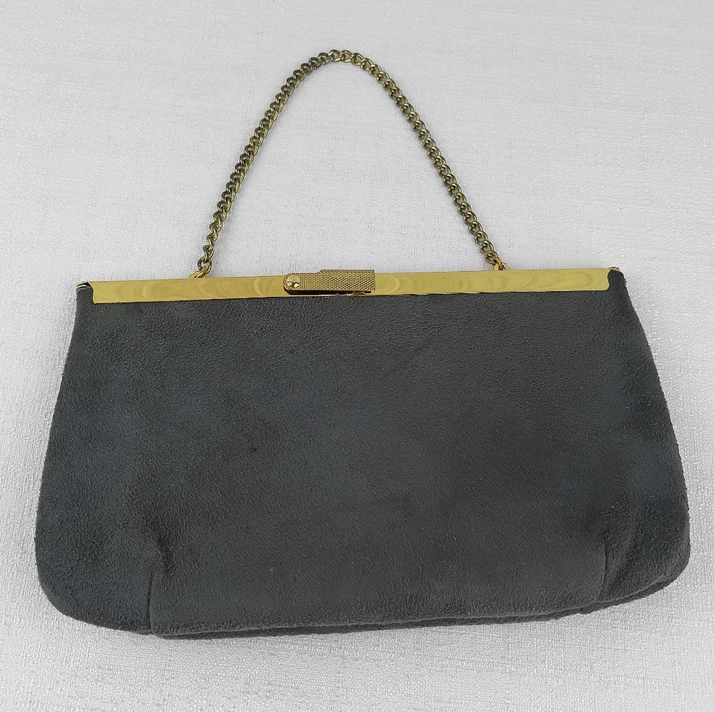 Vintage Ande faux suede Clutch Purse Handbag Interior Chain Clasp Close gold